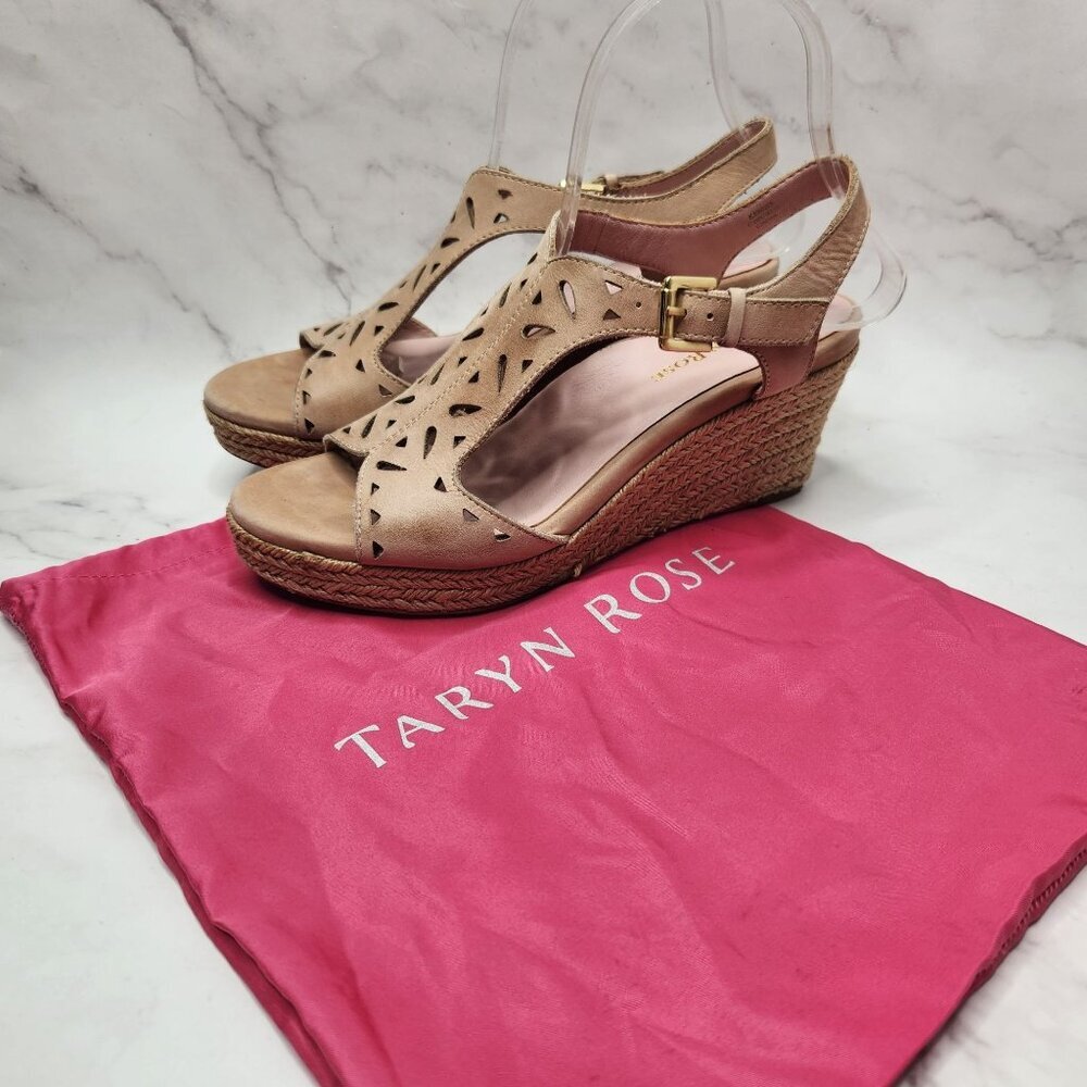 Taryn Rose Tan Leather Espadrille Wedges Sandals Laser Cut W/ Dust Bag 7.5